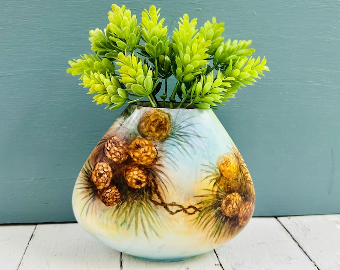 Antique Heinrich Selb Bavaria Pine Cone Vase Hand Painted Porcelain Germany H&C Woodland Cottagecore Vase 1900s