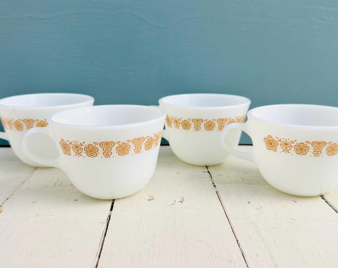 Vintage 70's Pyrex Coffee Cups Set of Four Butterfly Gold Pattern