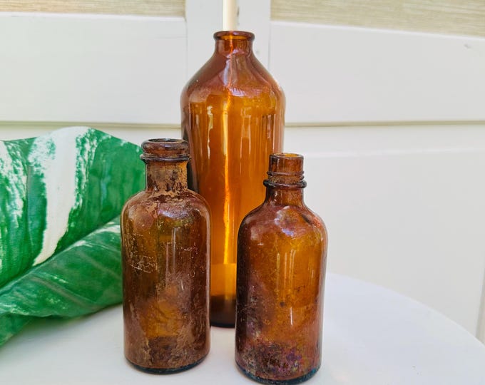 Vintage Amber Glass Bottle Set Apothecary Bottles Rustic Farmhouse Decor Trio