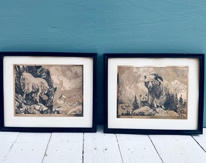 Vintage Copper Etching Pictures Pair R. H. Palenske Bear Big Game Wildlife Wall Decor Original Artwork Copper Foil Cabin Decor Men's Gift