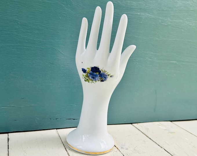 Vintage Porcelain Hand Jewelry Holder Blue Rose Ring Stand Formalities by Baum Bros Vanity Decor