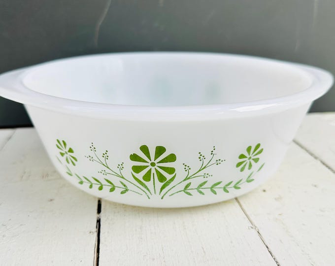 Vintage Glasbake milk glass casserole dish with green floral daisy pattern, 1 1/2 quart dish