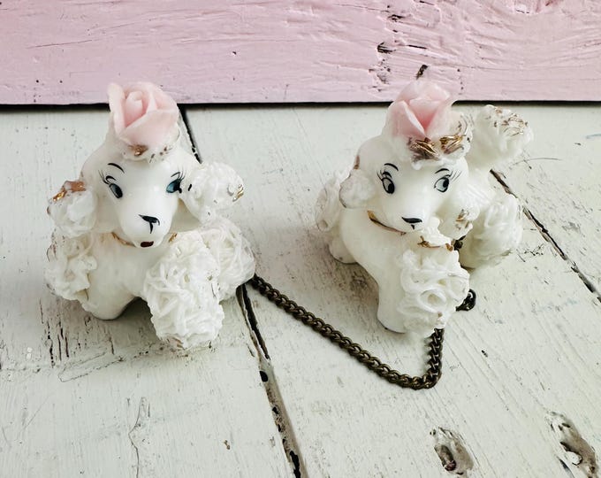 Vintage Lefton Spaghetti Poodle Chained Pair White Fancy Poodle Figurines