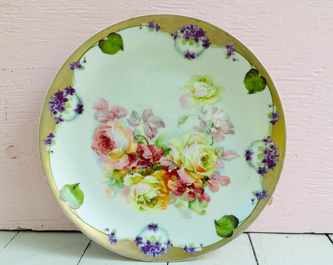 Antique Carlsbad Austria Porcelain Plate Hand Painted Floral Cabinet Plate Victorian Cottagecore Decor Violet Rose Wall Plate