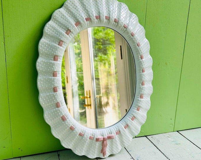 Vintage Shabby Chic Pink Bow Mirror Cottagecore Wall Mirror White Oval Nursery Decor Feminine Vanity Mirror Romantic Decor
