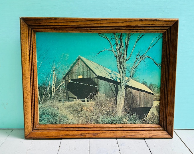 Vintage Vermont Covered Bridge Wall Art Framed Metal Print West Woodcock Covered Bridge Rustic Farmhouse Decor New England Landscape