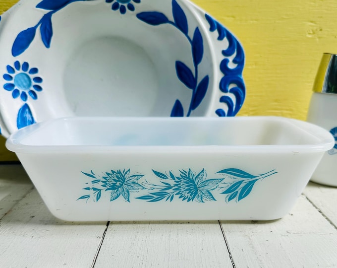 Vintage Blue Thistle Glasbake loaf baking dish, Vintage Glasbake baking dish, Milk Glass Pan, Glasbake Blue Thistle pan