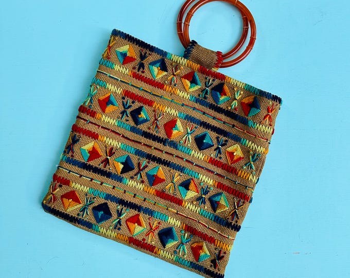 Vintage 1960s Embroidered Raffia Handbag Colorful Woven Purse Amber Lucite Style Ring Handles Boho Mod Bag