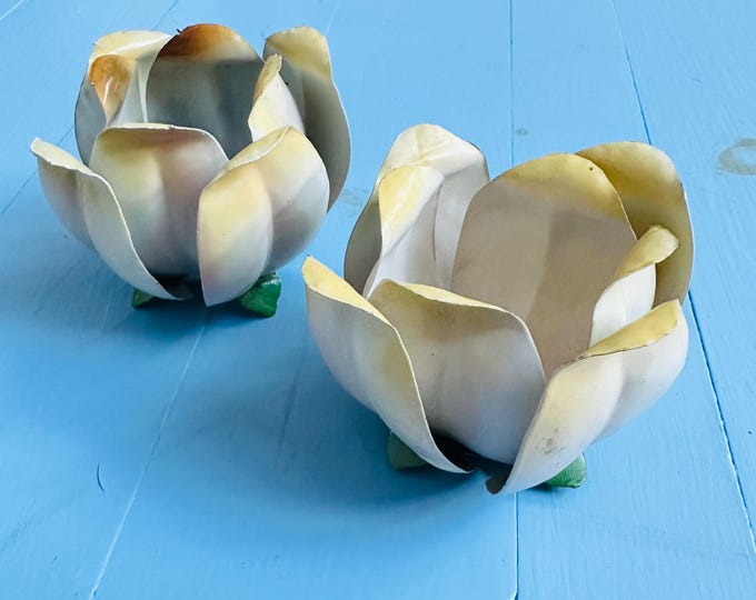 Vintage Tole Flower Candle Holders Pair White Metal Floral Votive Holders Cottagecore Decor