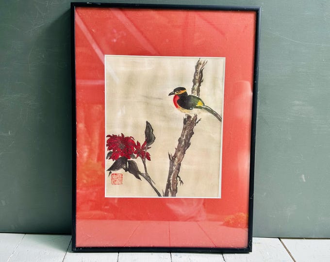 Vintage Asian Bird Wall Art Framed Silk Textile Print Red Mat Chinoiserie Decor Oriental Bird and Flower Artwork