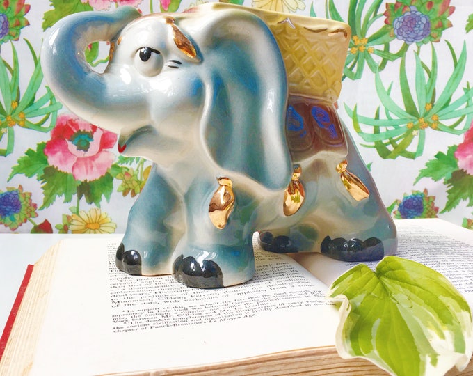 Vintage Elephant Planter, Gray Elephant Planter, Mid Century Kitschy Elephant Planter, 1950s Ceramic Elephant Planter
