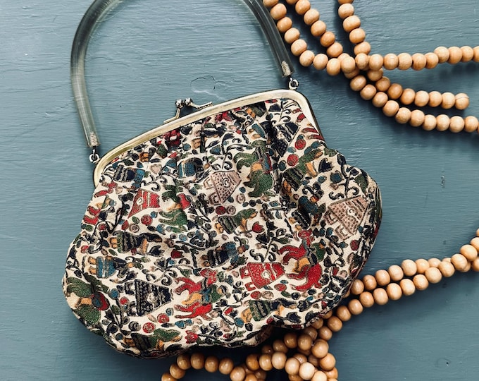 Vintage Novelty Print Handbag Lucite Handle Purse 1950s Mid Century Eclectic Top Handle Bag Mid Century Figural Print Pocketbook