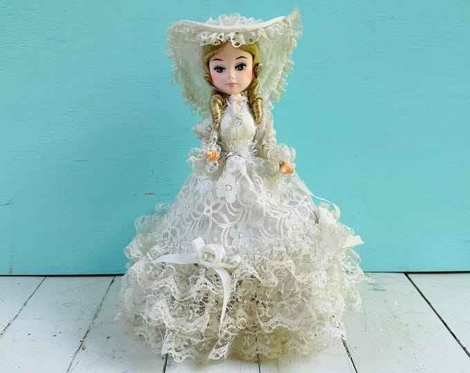 Vintage Bradley Victorian Lady Doll Honey Figurine Korea White Lace Dress Collectible Home Decor