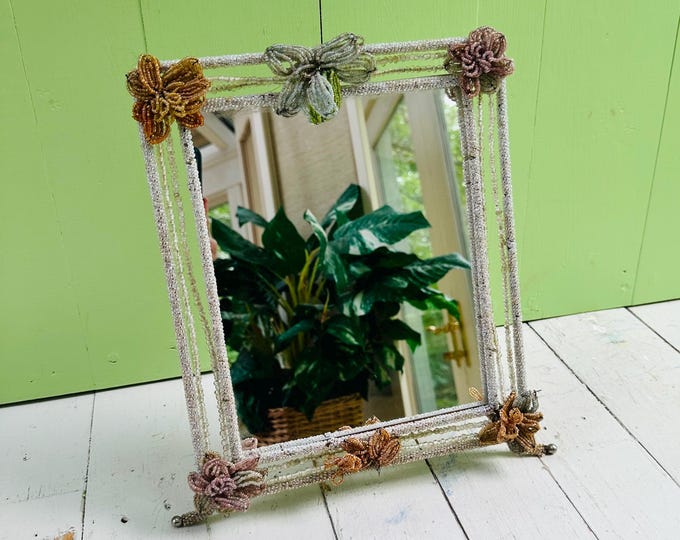 Vintage Beaded Vanity Mirror Floral Tabletop Mirror Handmade Glass Bead Frame Hollywood Regency Boudoir Decor Beaded Flowers Art Deco