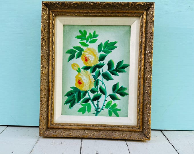 Vintage Mid Century Floral Oil Painting on Canvas Board | Yellow Roses Still Life | Ornate Gold Framed Cottagecore Wall Art