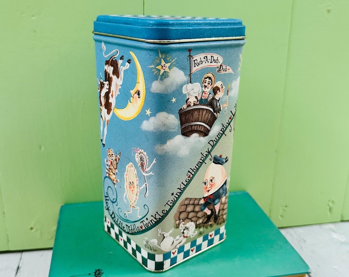 Vintage Nursery Rhyme Tin Century Resources 1980s Mother Goose Canister Humpty Dumpty Little Bo Peep Retro Kids Decor