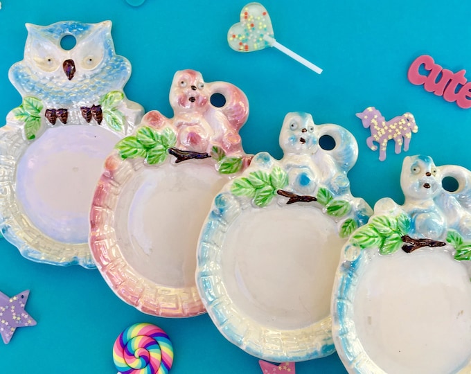 Vintage Kitschy Animal Dish, Mid Century Kitschy Display Trays, Vintage Owl Decor, Vintage Squirrel Decor, Vintage Woodland Animal Decor