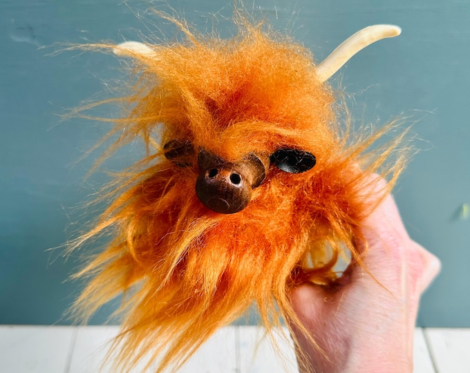 Vintage Shaggy Highland Cow Figurine Faux Fur Wooden Bull Viking Cow MCM Kitsch Animal Sculpture Rustic Cabin Decor