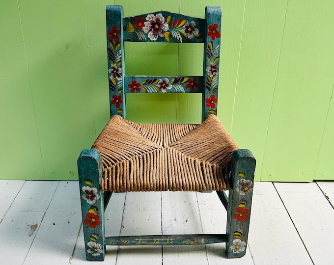 Vintage Mexican Folk Art Child Chair Hand Painted Floral Woven Rush Seat Blue Wood Chair Rustic Boho Decor