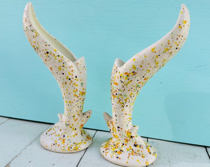 Pair Vintage Mid Century Atomic Splatter Glaze Bud Vases | MCM Sculptural Ceramic Cornucopia Mantel Decor