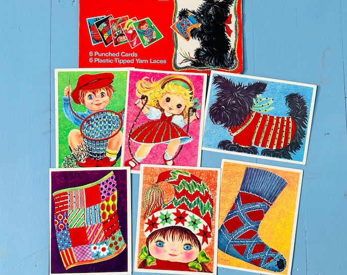 Vintage 1960s Fuzzy Wuzzy Lacing Cards Set of 6 Cards Vintage Children's Sewing Cards Flocked 60s Lacing Cards with Original Box Top