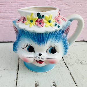 Pot à crème Lefton Miss Priss vintage rare, bleu Kitty Cat, crème pour chat anthropomorphe