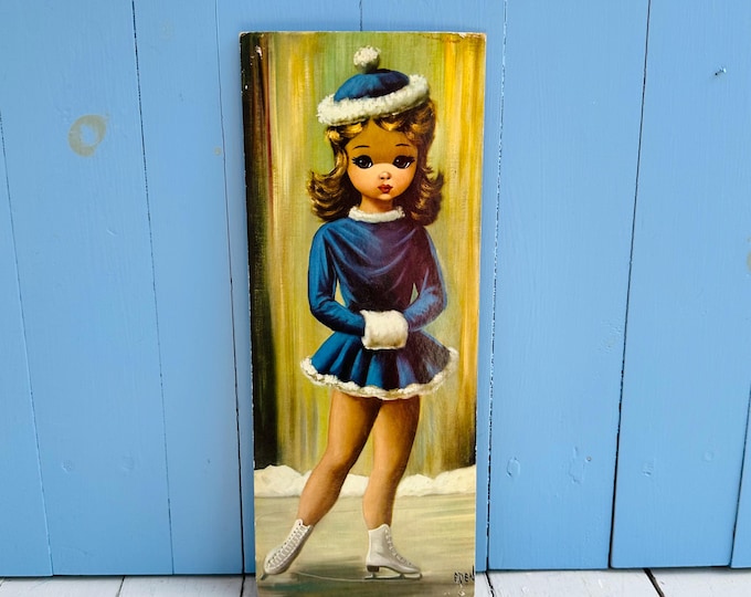 Vintage 1964 Ice Skater Girl Wall Art Vintage Kitsch Big Eye Print Eden Sonoma Sales Retro Decor