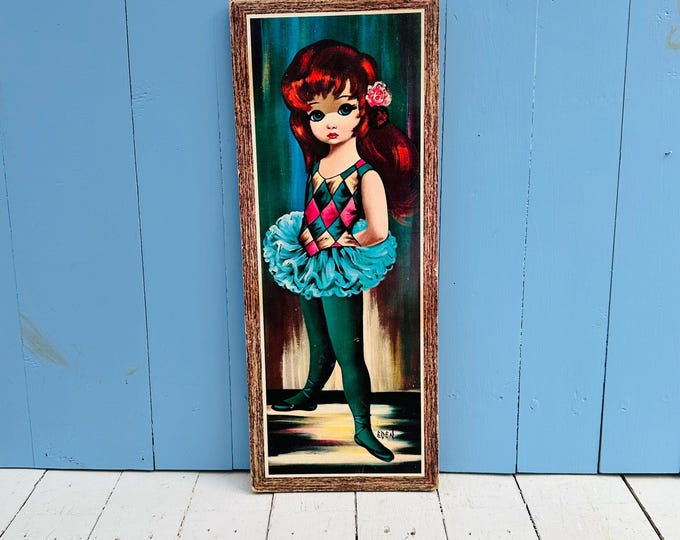 Vintage Mid Century Eden Big Eye Ballet Dancer Girl Print on Board Mod Wall Art 20x8 Retro Kitsch Decor