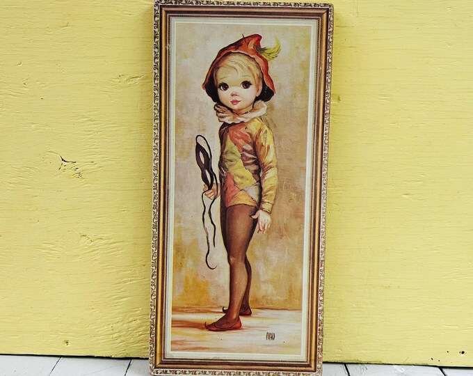Vintage Maio Big Eyed Girl Print Harlequin Jester Wall Art Retro Nursery Decor Mid Century Kitsch Sad Eye Art
