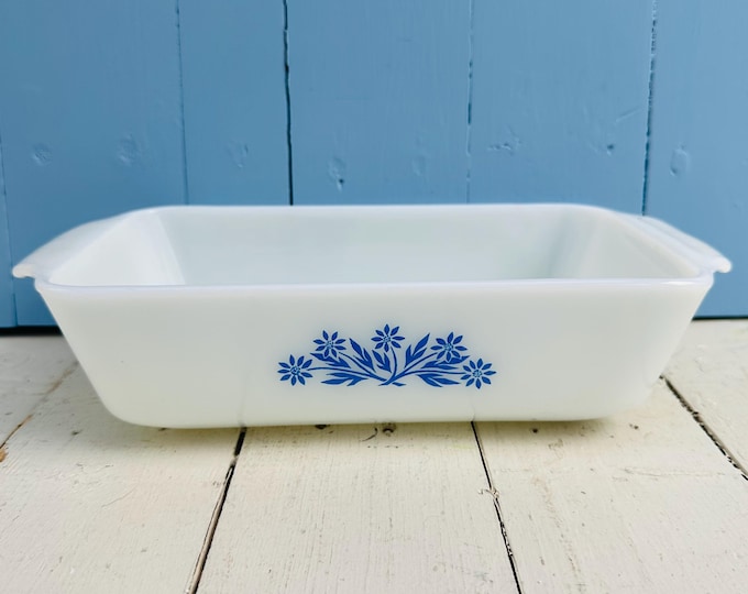 Vintage Anchor Hocking Fire-King Loaf Pan with Blue Cornflower Pattern, 1 quart