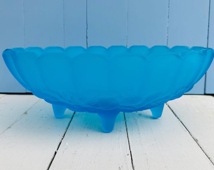 Vintage MCM Indiana Glass Decorative Bowl, Aqua Blue Satin Footed Harvest Pattern Bowl