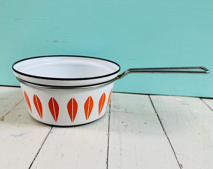 Vintage Cathrineholm Orange Lotus Saucepan Norway Enamel Cookware Mid Century Modern Grete Prytz Kittelsen 6.75 Inch Pan