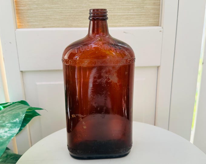 Large 10 inch, Vintage Amber Glass Full Quart Bottle Jug Apothecary Rustic Farmhouse Brown Glass Bottle Primitive Decor