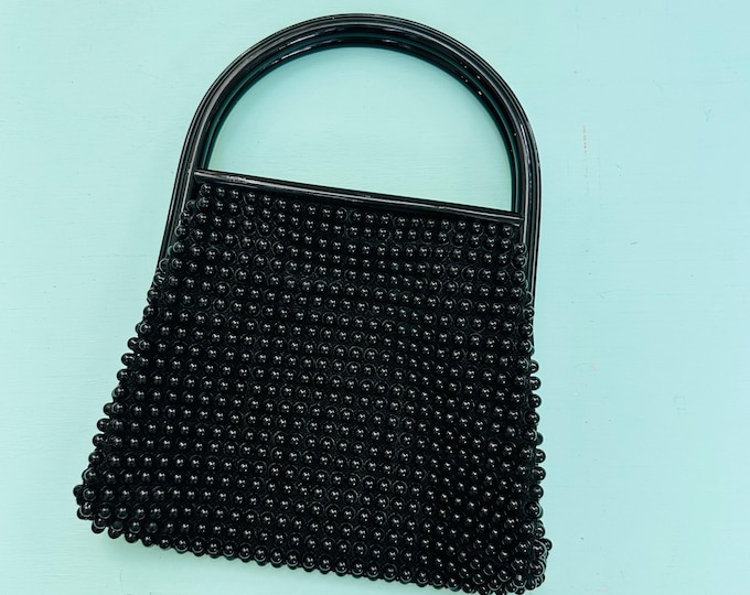 Vintage Grandee Bead Black Beaded Handbag 1960s Mod Lucite Handle Purse Mid Century Modern Retro Top Handle Bag