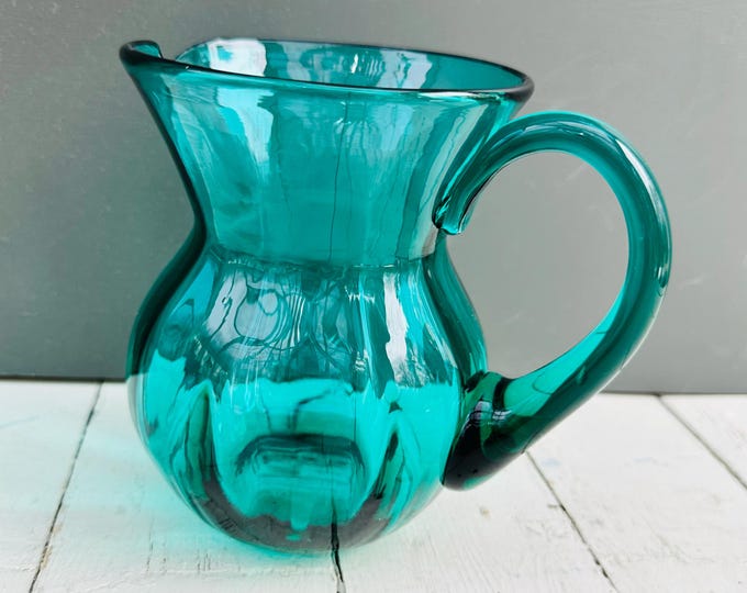 Vintage Mid Century Hand-Blown Teal Glass Pitcher