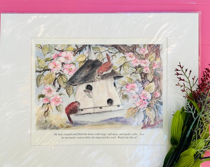 Vintage Woodland Animals Print, Matted Ready to Hang, Vintage Bird Print, Vintage Bird Storybook print, Bird Lover Gift, Nursery Decor