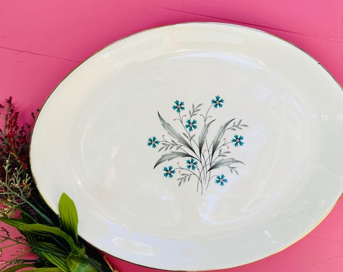 Vintage 1950s SCIO Hampton Platter, Mid Century Blue Floral Platter, 50s USA Platter, Vintage Platter with Blue Flower Bouquet, Oval Platter