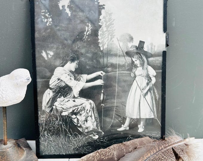 Antique Framed Peterson's women's magazine engraving of a woman and child fishing