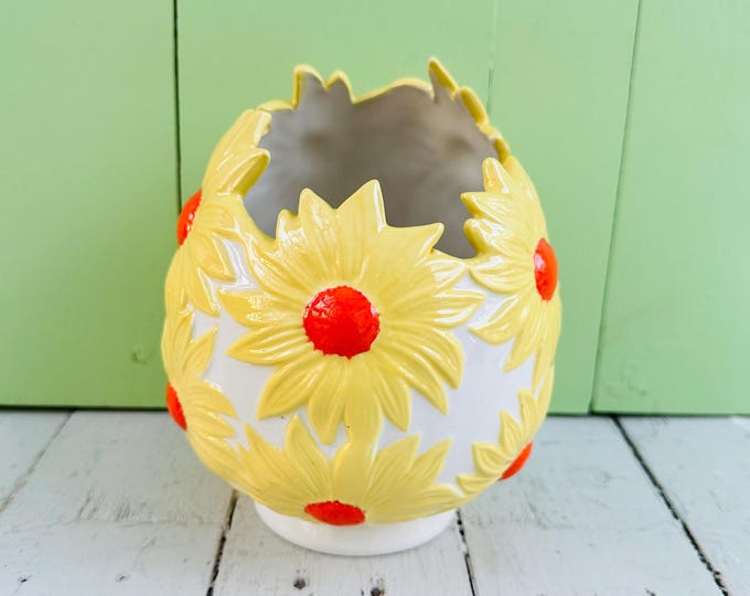 Vintage 60s Egg-Shaped Vase with Embossed Yellow and Orange Daisies