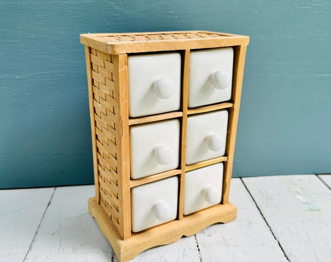 Vintage Ceramic Drawer Organizer Woven Wood Storage Cabinet Cottage Farmhouse Desktop Apothecary Chest 6 Drawers