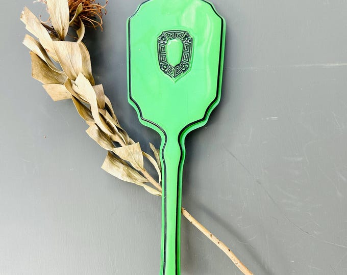 Vintage Art Deco Green Bakelite Hand Mirror with Embossed Greek Design