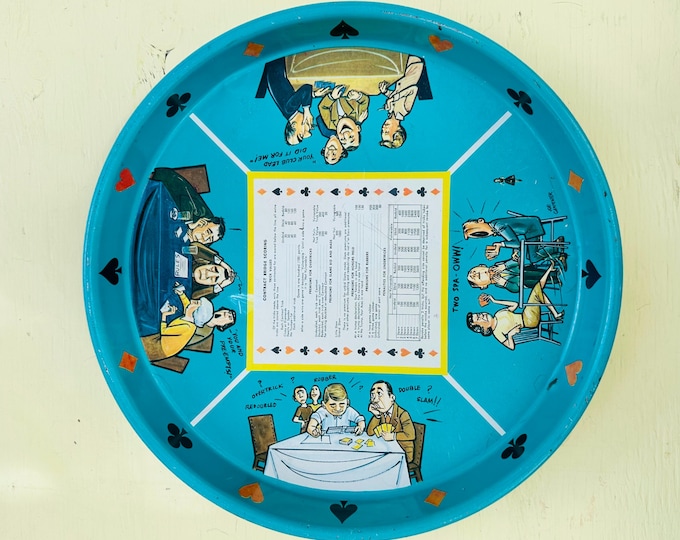 Vintage Masonware Contract Bridge Tray Turquoise Metal Serving Tray Mid Century Card Game Barware Bridge Party Decor