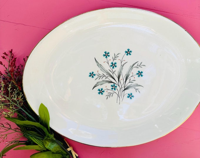 Vintage 1950s SCIO Hampton Platter, Mid Century Blue Floral Platter, 50s USA Platter, Vintage Platter with Blue Flower Bouquet, Oval Platter