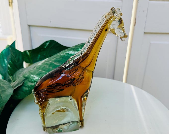 Vintage Amber Glass Giraffe Figurine Large 8 inch Mid Century Art Glass Animal Sculpture MCM Safari Decor