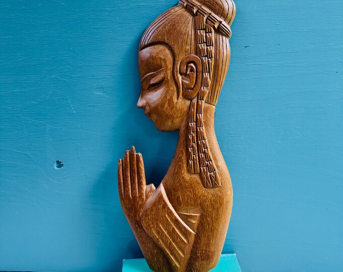 Vintage Thai Sawasdee Lady Wood Carving 17 Inch Praying Woman Wall Art Hand Carved Asian MCM Boho Spiritual Decor