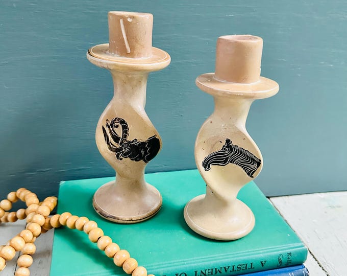 Vintage Hand Carved Soapstone Candlestick Holders African Safari Zebra Antelope Candle Holders Pair