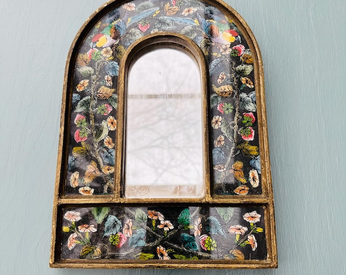Vintage Peruvian Folk Art Hand Painted Reversed Glass Framed Mirror, Vintage Folk Art Mirror, Vintage Framed Painted Mirror, Vintage Artisan