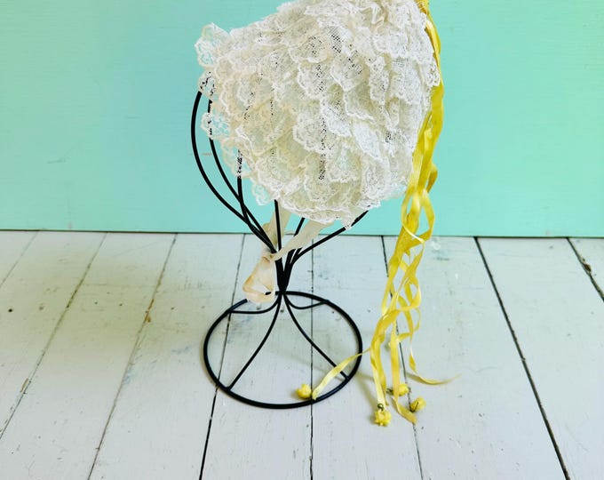 Antique Victorian French Baby Bonnet Lace Christening Bonnet Late 1800s French Lace Infant Cap Yellow Silk Ribbon