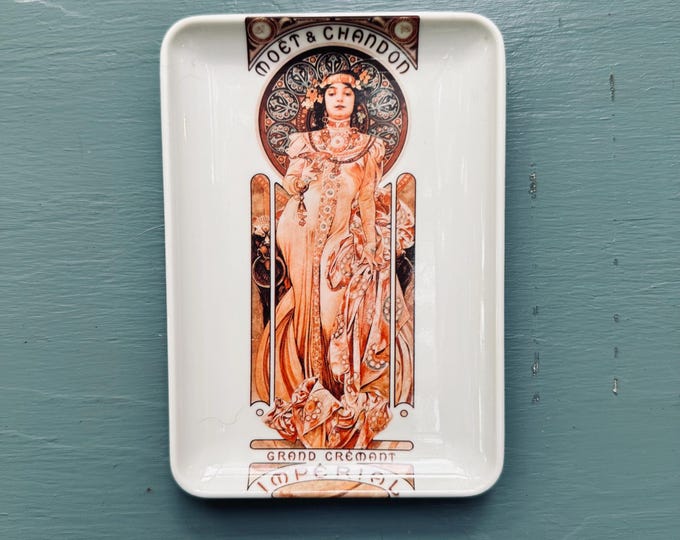 Vintage Moet Chandon Grand Cremant Tray Alphonse Mucha Art Nouveau Vanity Tray Champagne Advertising Trinket Dish Made in Italy