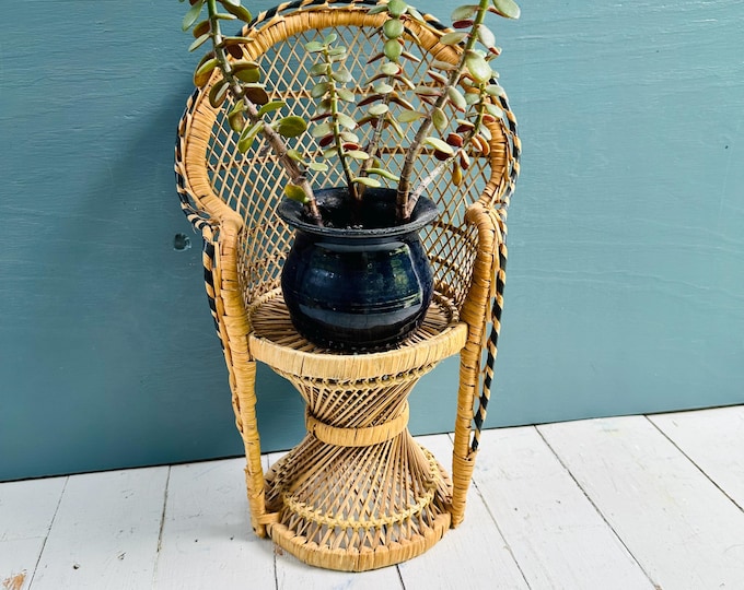 Vintage 16" Mini Peacock Chair Wicker Rattan Tabletop Chair Boho Decor Doll Chair Plant Stand Garden Shelf Decor